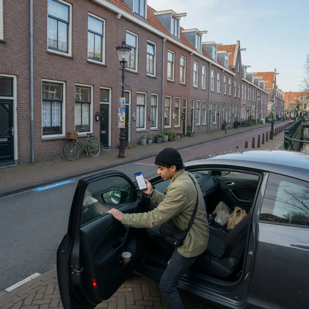 Jonge bezorger stapt in de auto om te beginnen