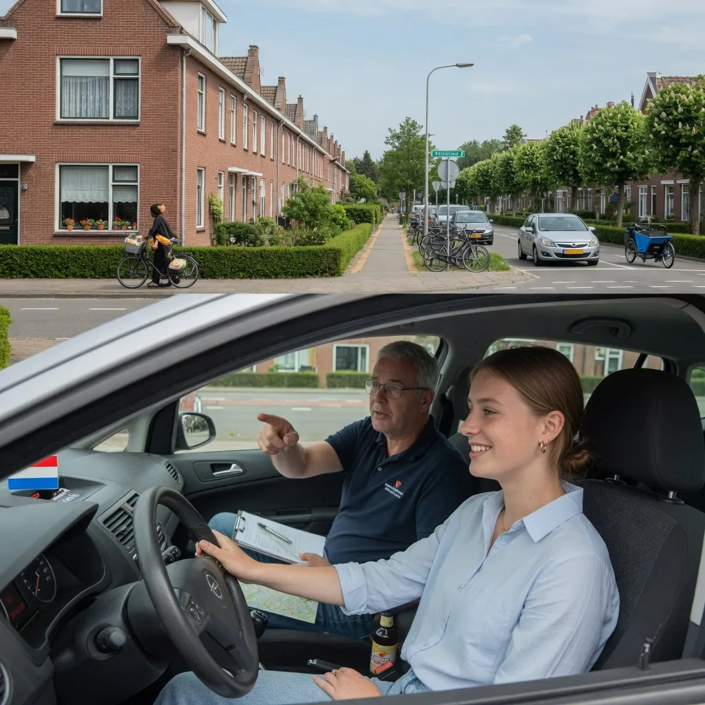 Leerling achter het stuur met haar rijinstructeur ernaast, in een Nederlandse woonstraat