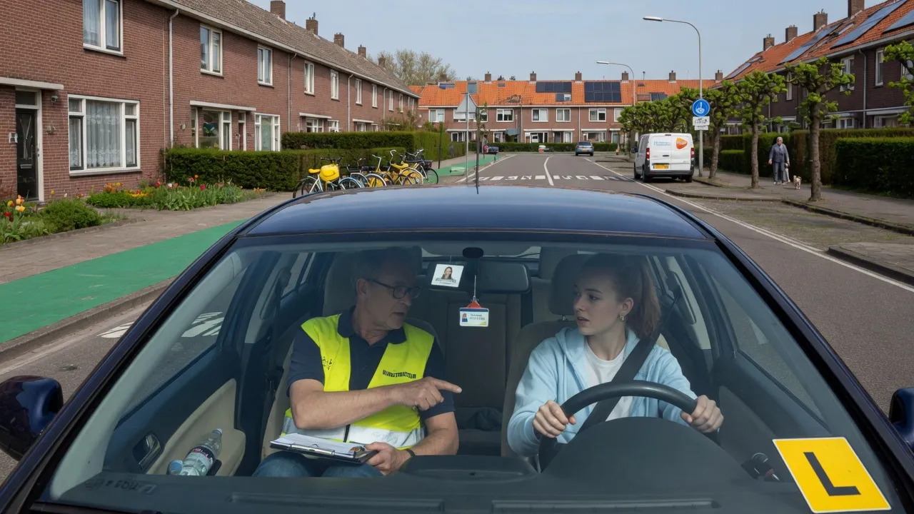 Leerling rijdt les door een woonwijk met de instructeur ernaast