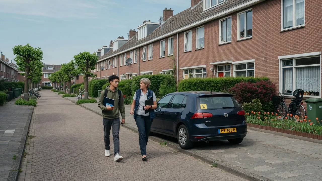 Rijinstructeur en leerling lopen samen naar de lesauto