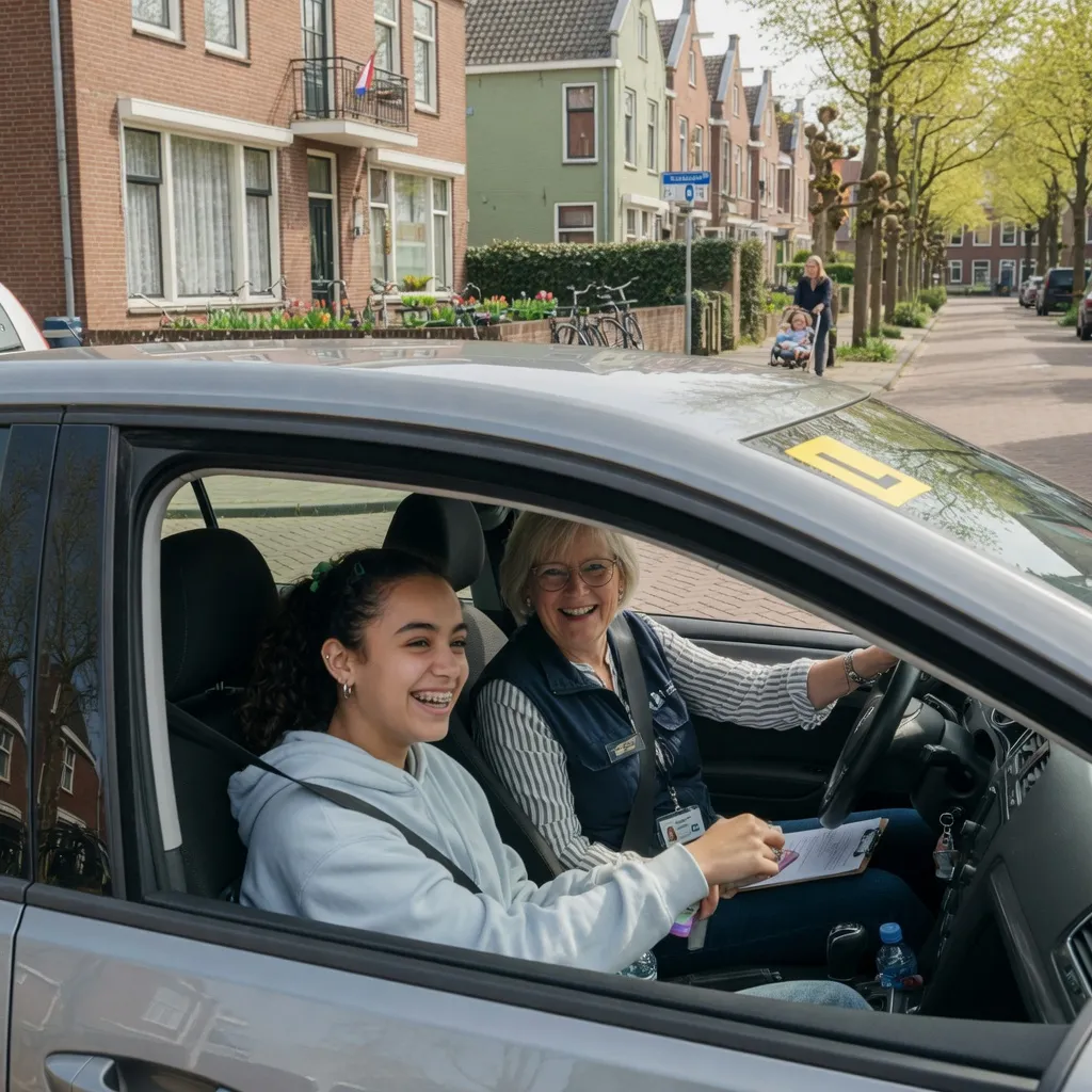 Leerling en instructeur lachen samen tijdens een rijles
